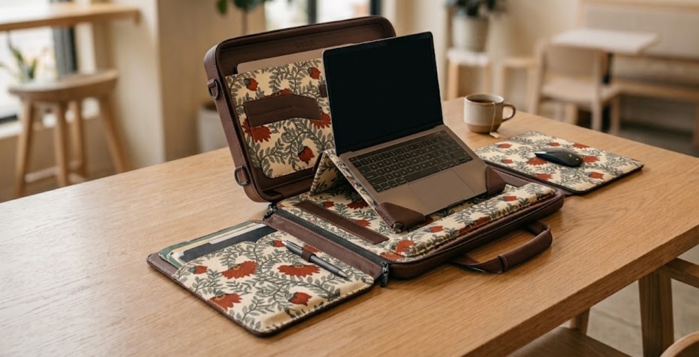 The BAGCK bag opened on a cafe table: laptop raised on the riser, mouse pad to the right, documents and a pen in the front flap